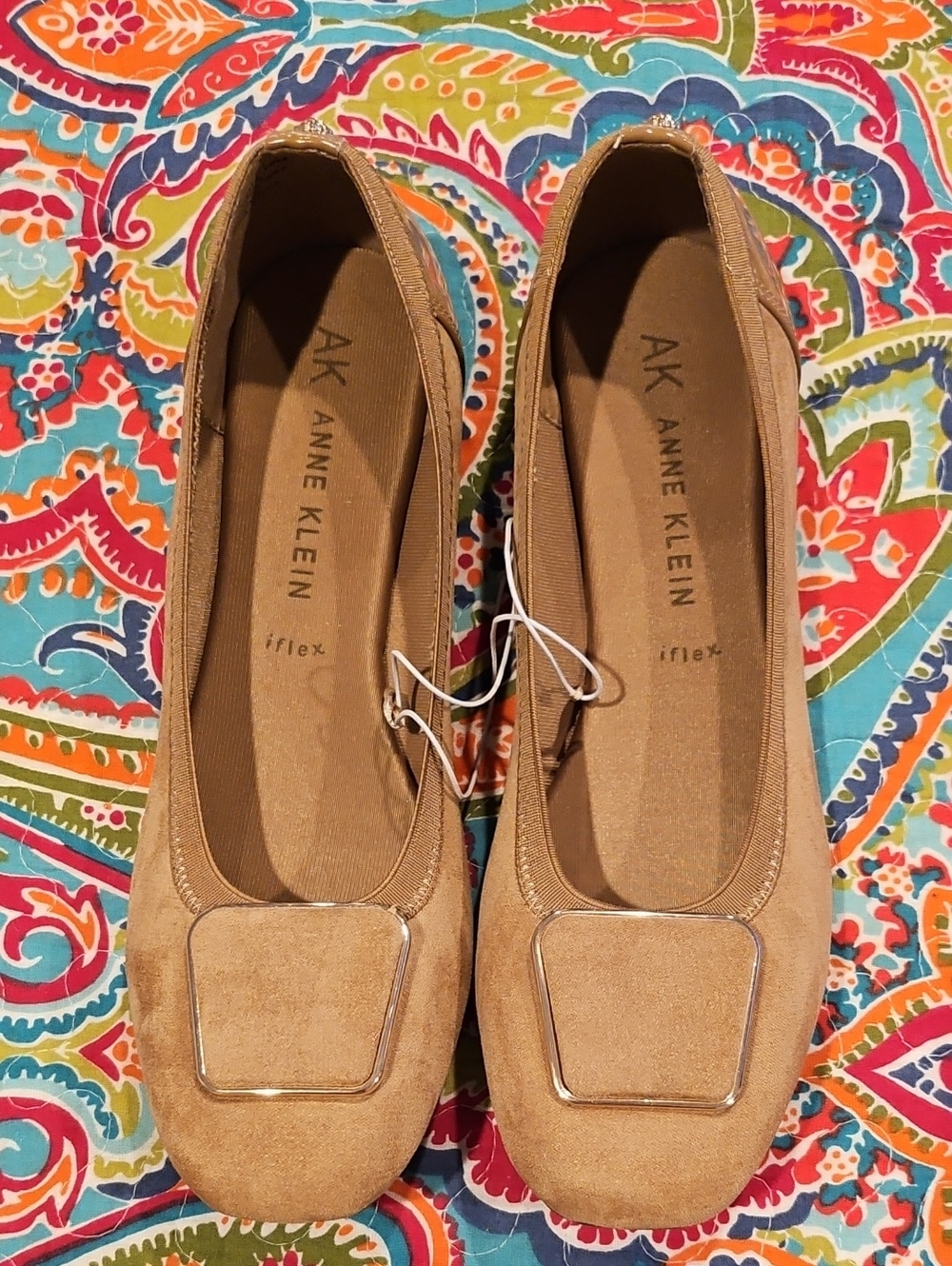 Anne Klein AKUCAL iFlex Tan Suede Square Toe Buckle Flats Size 10M NWOB